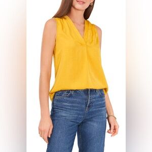 NWT Vince Camuto Mustard Yellow Rumpled Satin Blouse In Mosaic Mustard V Neck
